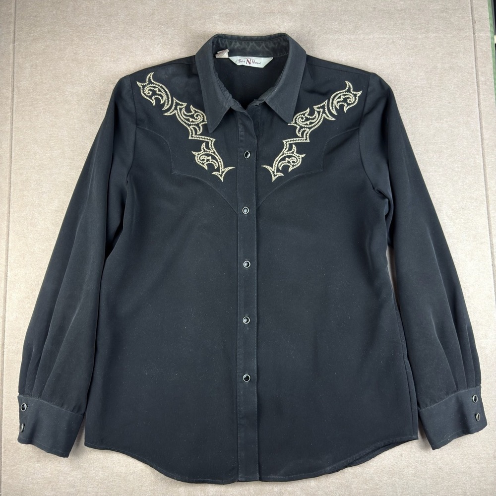 Vintage Bar N None Womens Black Western Shirt L Gold Embroidered‎ USA Made